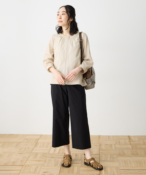 ワイドパンツ パンツ ストレッチワイドパンツ「接触冷感・ウォッシャブル・後ろウエストゴム・大きいサイズあり」 レディースの画像