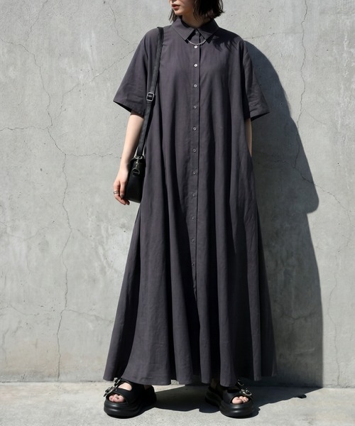 シャツワンピース リネン混 シャツワンピースの画像