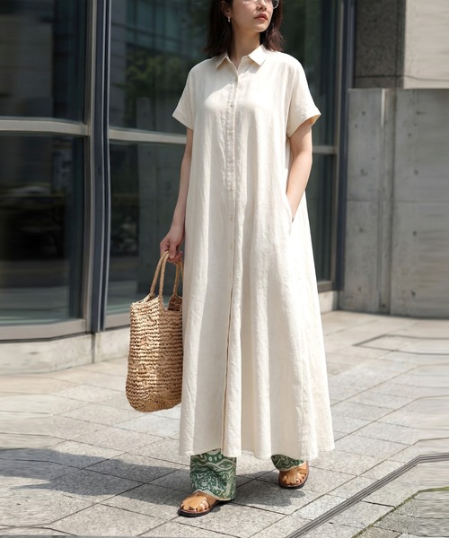 シャツワンピース リネン混 シャツワンピースの画像