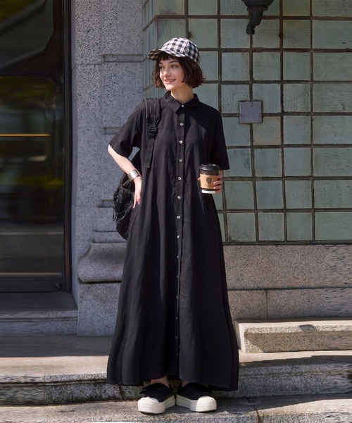 シャツワンピース リネン混 シャツワンピースの画像