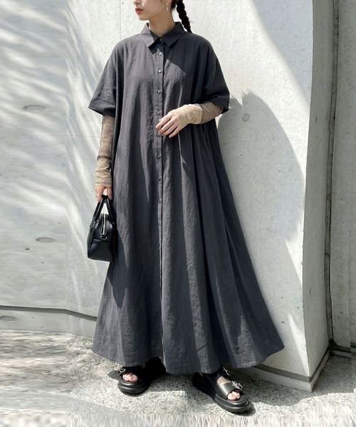 シャツワンピース リネン混 シャツワンピースの画像
