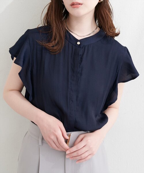 natural couture ブラウス シャツ 半袖 とろみサテンラッフル袖