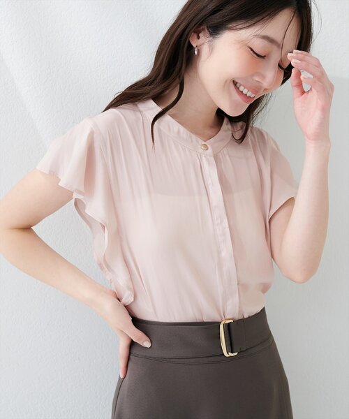 natural couture ブラウス シャツ 半袖 とろみサテンラッフル袖