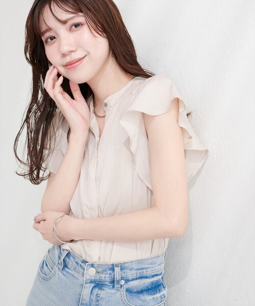 natural couture ブラウス シャツ 半袖 とろみサテンラッフル袖