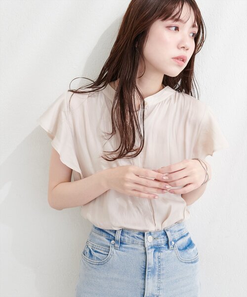 natural couture ブラウス シャツ 半袖 とろみサテンラッフル袖