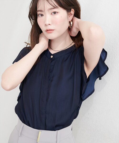 natural couture ブラウス シャツ 半袖 とろみサテンラッフル袖