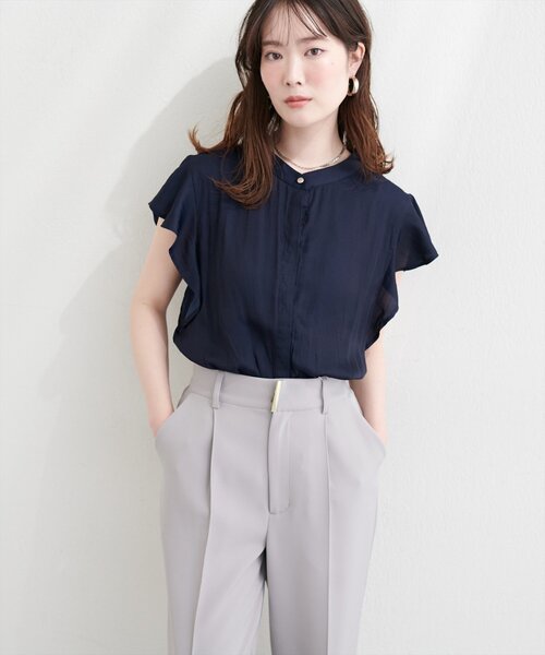 natural couture ブラウス シャツ 半袖 とろみサテンラッフル袖