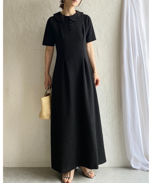 She's Closet ワンピース 半袖 ロング丈 ふくれジャガード ポロ 襟付き