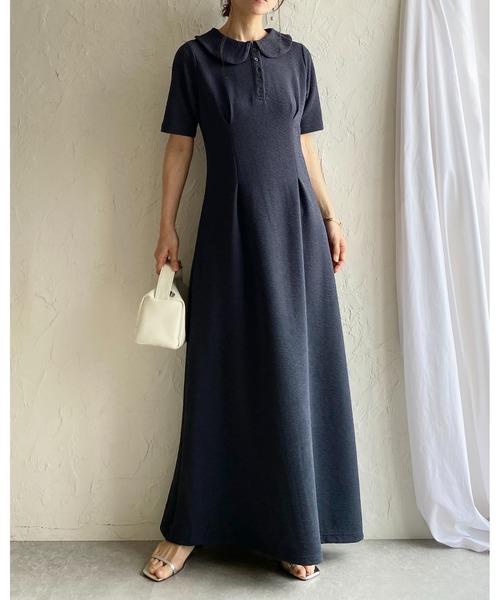 She's Closet ワンピース 半袖 ロング丈 ふくれジャガード ポロ 襟付き