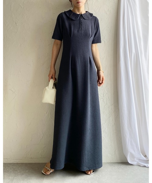 She's Closet ワンピース 半袖 ロング丈 ふくれジャガード ポロ 襟付き