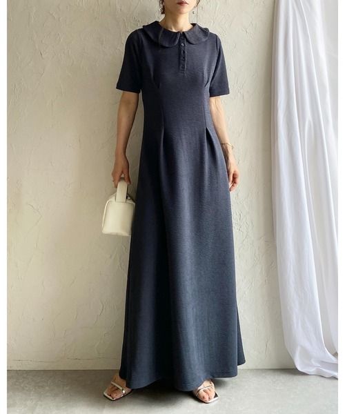 She's Closet ワンピース 半袖 ロング丈 ふくれジャガード ポロ 襟付き