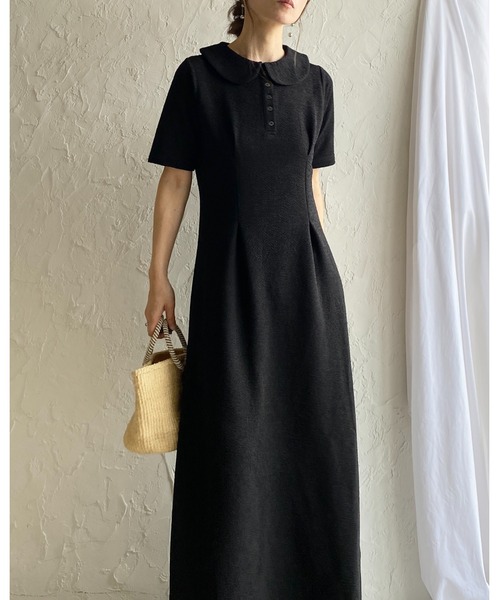 She's Closet ワンピース 半袖 ロング丈 ふくれジャガード ポロ 襟付き