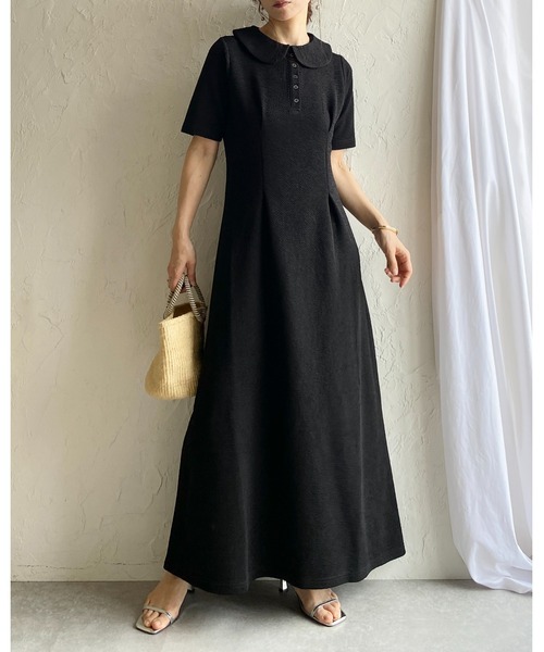 新品同様✨16万 フォクシー シャロン 半袖フレアワンピース ブラックフォーマル She's Closet ワンピース 半袖 ロング丈 ふくれジャガード ポロ 襟付き