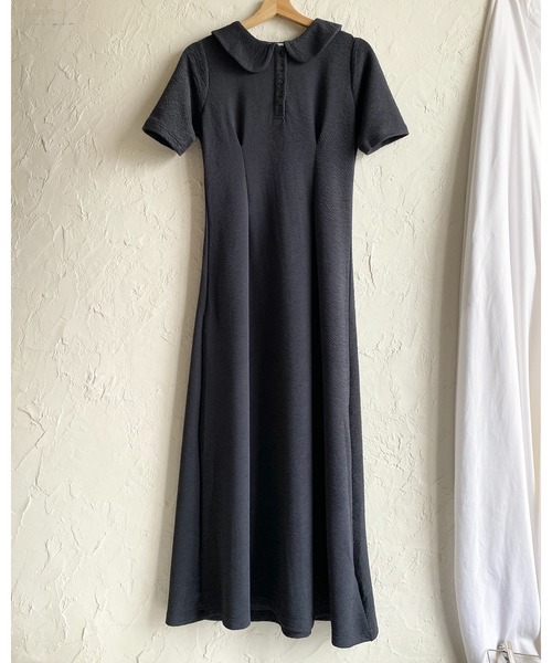 バーバリーブラックポロワンピース 半袖 フレアスカート She's Closet ワンピース 半袖 ロング丈 ふくれジャガード ポロ 襟付き