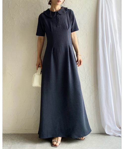 She's Closet ワンピース 半袖 ロング丈 ふくれジャガード ポロ 襟付き
