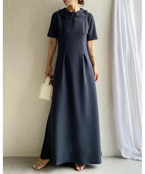 She's Closet ワンピース 半袖 ロング丈 ふくれジャガード ポロ 襟付き