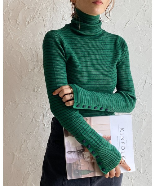 ニット セーター 袖ボタンハイネックボーダーリブニット レディース She's Closet ニット セーター 袖ボタンハイネックタイト長袖