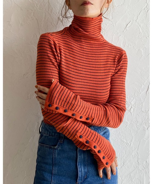 ニット セーター 袖ボタンハイネックボーダーリブニット レディース She's Closet ニット セーター 袖ボタンハイネックタイト長袖
