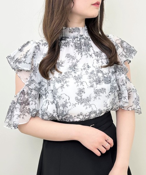 アナイ ノースリーブ シアー ブラウス カットソー 花柄 38 黒 白 INGNI（イング） シャツ ブラウス レディース モノトーン花柄シアー