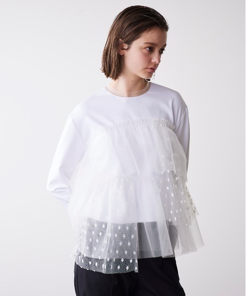 Marilyn Moon tシャツ ドットチュールラッフルカットソートップ