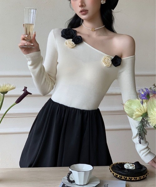 MAISON DE THERESE ニット ファブリックローズ付きニット レディース 