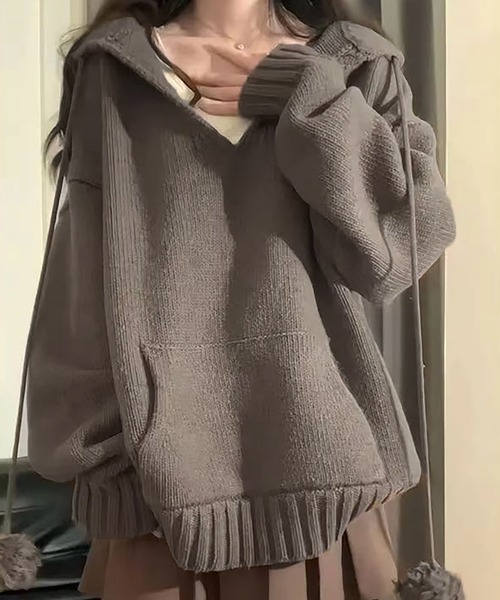 AsheKsha ニット セーター vネックニットフーディ レディース