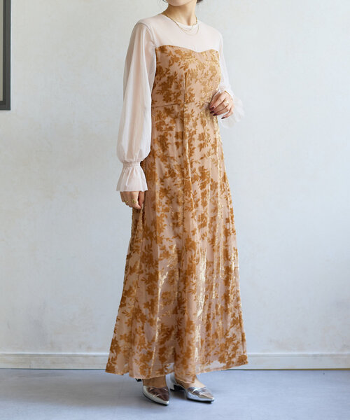 Thevon シアー切替フラワージャガードワンピース Thevon ワンピース 「オケージョン」シアー切替フラワー