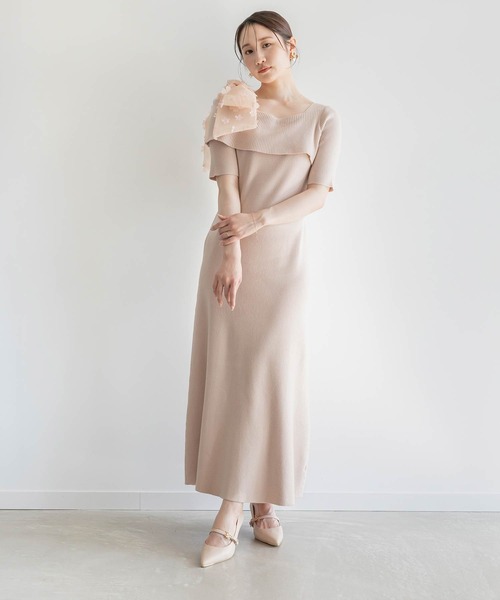 【未使用品・タグ付】RANDA リボン パール ミニ ニット ワンピース ピンク RANDA（ランダ） ワンピース 「Flower Collection」ワンショルダー