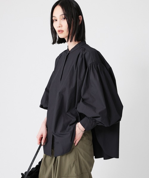 ブラウス シャツ バンドカラーギャザーシャツ レディース