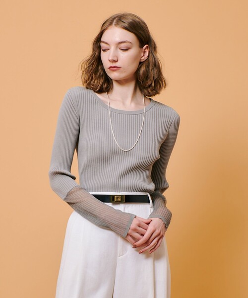 allureville ラインアクセントパフスリーブプルオーバー ニット allureville ニット セーター シアーカフスラウンドネックプル