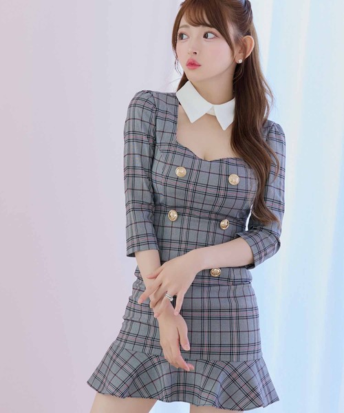 Tika ワンピース キャバドレス 韓国ドレス チェック柄 スクエア