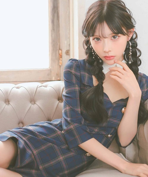 Tika ワンピース キャバドレス 韓国ドレス チェック柄 スクエア