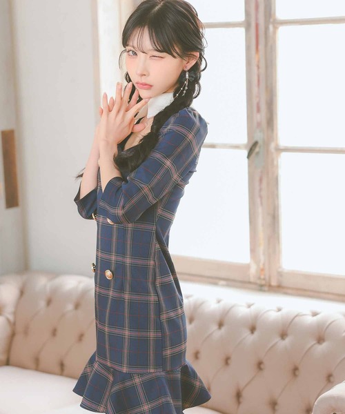 Tika ワンピース キャバドレス 韓国ドレス チェック柄 スクエア