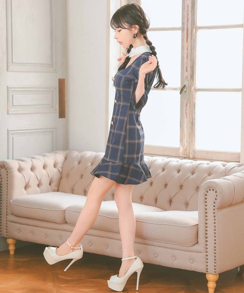 Tika ワンピース キャバドレス 韓国ドレス チェック柄 スクエア