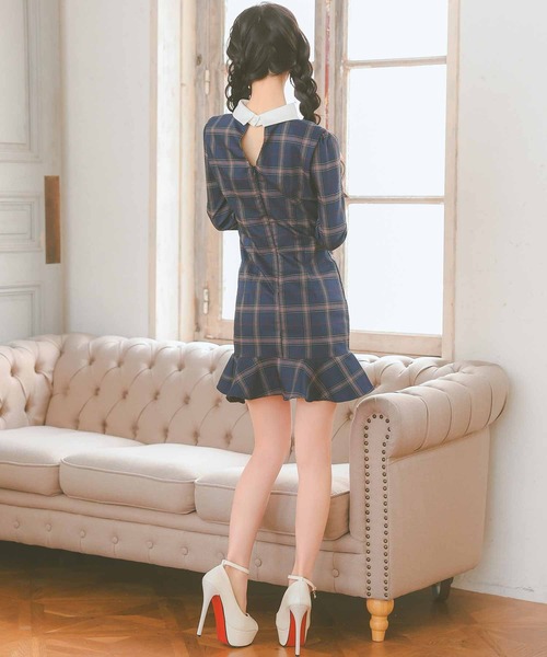 高級美ライン韓国ドレス＊RANS＊スクエアネックダブルボタンチェックドレスbk Tika ワンピース キャバドレス 韓国ドレス チェック柄 スクエア