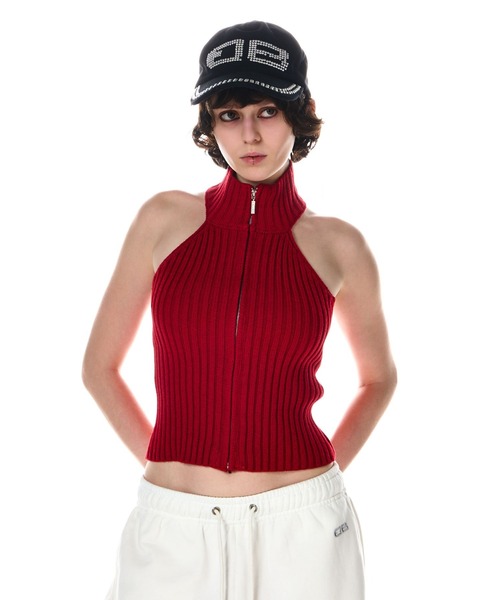 タンクトップ ノースリーブ HALTER KNIT ZIP UP TOPS レディース