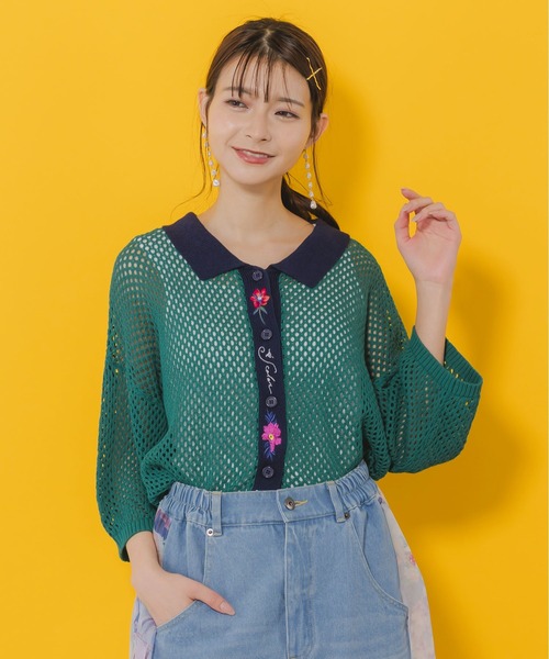 ニット セーター 552226：花蝶刺繍 メッシュ編みシャツ レディース