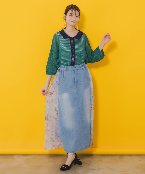 ニット セーター 552226：花蝶刺繍 メッシュ編みシャツ レディース iS ScoLar ニット セーター 552226：花蝶刺繍 メッシュ編み