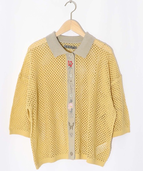 ニット セーター 552226：花蝶刺繍 メッシュ編みシャツ レディース iS ScoLar ニット セーター 552226：花蝶刺繍 メッシュ編み