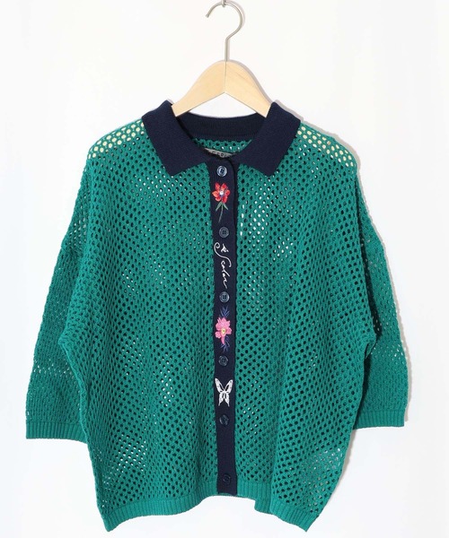 ニット セーター 552226：花蝶刺繍 メッシュ編みシャツ レディース iS ScoLar ニット セーター 552226：花蝶刺繍 メッシュ編み