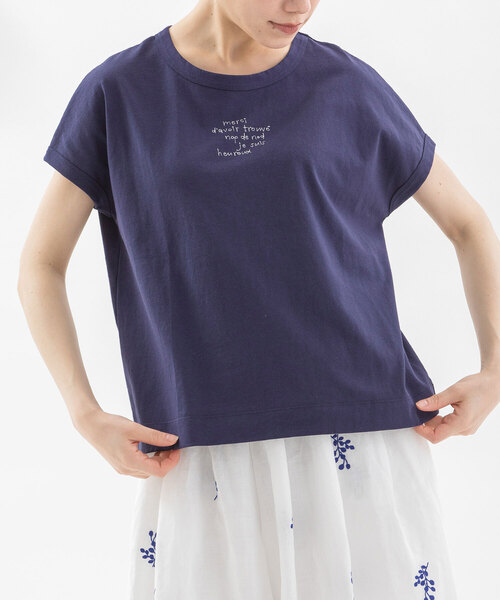 tシャツ USコットン書き文字ロゴ刺繍フレンチTシャツ レディース