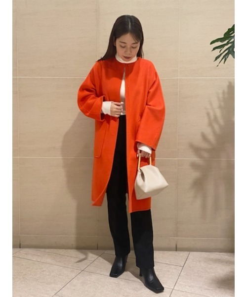 ◆新品、タグ付き◆ Vin ノーカラーウールショートコート　オレンジ　日本製 日本製】柔らく軽い！上品で女性らしいノーカラーコート