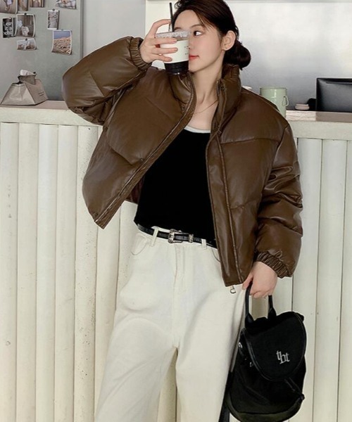 ダウンコート ダウンジャケット レザー風ダウンジャケット ハイネック