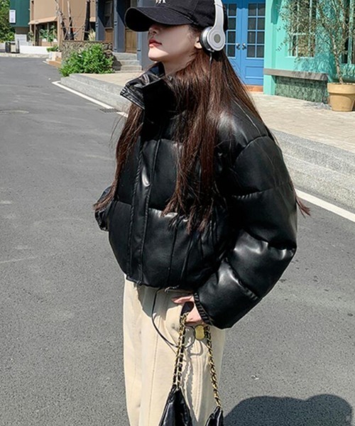 ダウンコート ダウンジャケット レザー風ダウンジャケット ハイネック