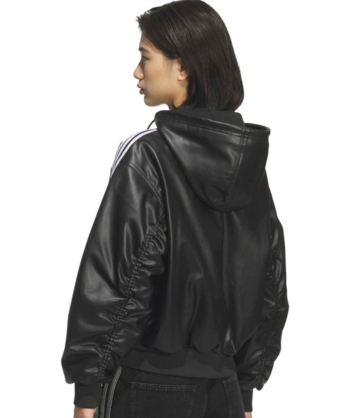 adidas フード付きレザージャケット L 黒 adidas（アディダス） コート アウター adidas W PLEATHER JKT