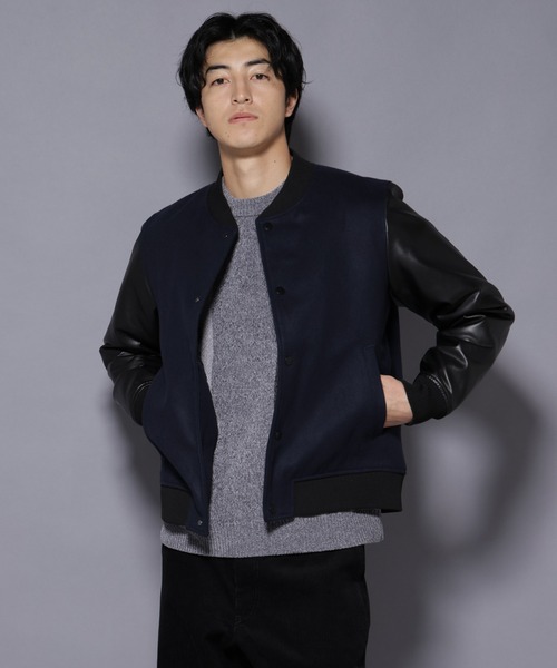 AZ×nano universe 袖レザースタジャン ブラック L nano・universe - ナノユニバース AZ別注スタジャン Lサイズ ネイビー