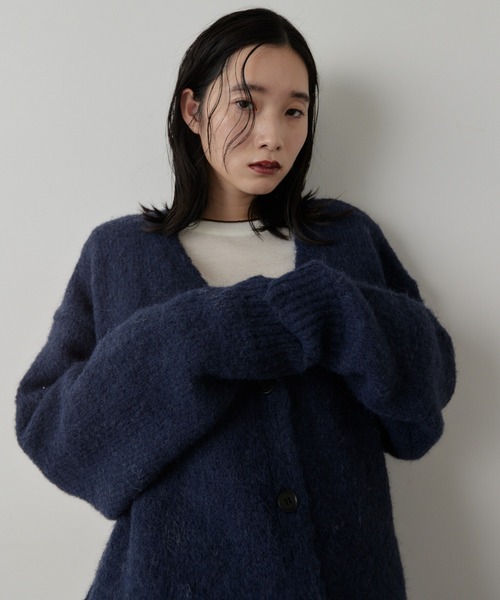 美品 CALEE Lサイズ モヘアカーディガン オーバーサイズ 高品質 ネイビー HANNE カーディガン モヘアライクニットカーディガン レディース