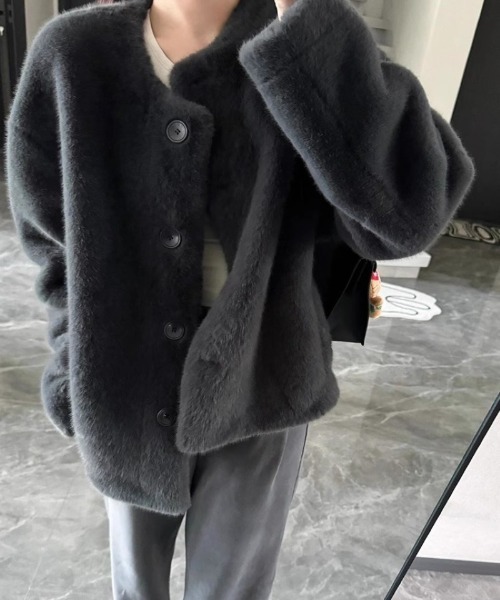 コート アウター もこもこ ノーカラーフェイクファー レディース
