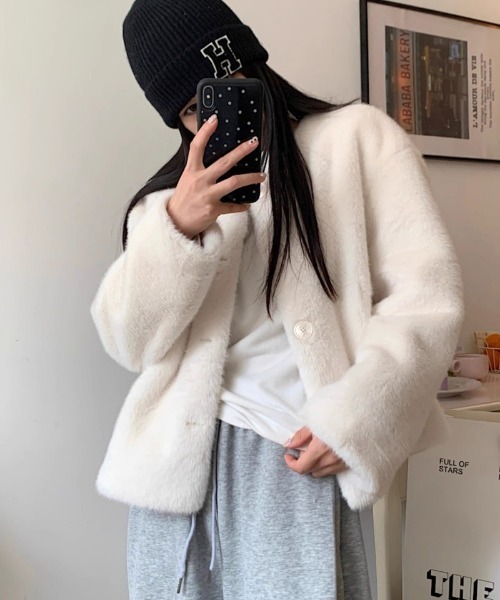 コート アウター もこもこ ノーカラーフェイクファー レディース