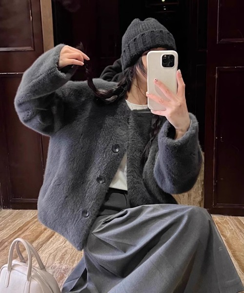 コート アウター もこもこ ノーカラーフェイクファー レディース